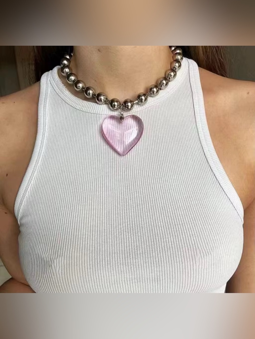 Silver Beaded Necklace with Pink Heart Pendant